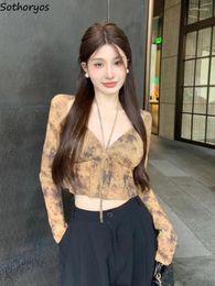 Work Dresses 2 Pcs Tops Sets Women Sexy Trendy Prints Sweet Crop Strap Camisoles Simple Holiday Sun-proof Long Sleeve Ulzzang Outerwear