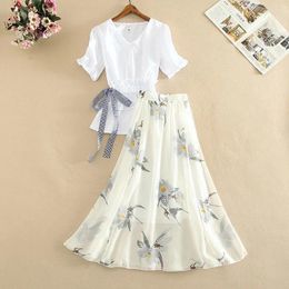 Work Dresses Women's White Shirt Floral Long Dress Two Piece Suit Summer High Waist A-line Skirts Sets Korean Fashion School Casual Clothes