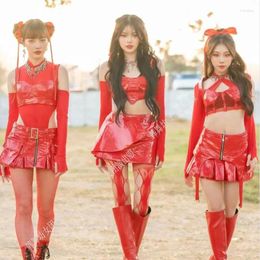Stage Wear Thai Girl Group Performs Same Outfit Red Leather Suit Sexy Adult Jazz Outfits Kpop Singer Idol Costume Urban Dance VBH106