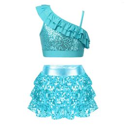 Clothing Sets Kids Girls Hip Hop Jazz Dance Shiny Sequins Tiered Shorty Skirted With Vest Top Ballet Gymnastics Performance Dancewear