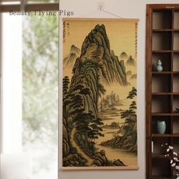 Decorative Figurines Chinese Style Mountains And Rivers Bamboo Blinds Light Filtering Roller Shades For Indoor Outdoor Home Patio Porch