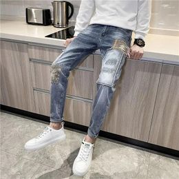 Men's Jeans Light Blue Tapered Trousers Graphic Cropped Man Cowboy Pants Summer Buggy 90s Streetwear Baggy Regular Retro Kpop Xs