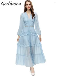 Casual Dresses Gedivoen Summer Fashion Designer Light Blue Vintage Party Dress Women's Lantern Sleeve Hollow Out Embroidery Ruffles Long