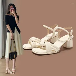 Dress Shoes Vintage Women's Sandals With Med Heels 3-5cm Stylish Chunky High Ankle Strap Single Versatile Ins Style