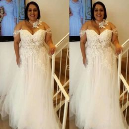 Bröllopsstorlek klänningar från elegant 2021 plus axeln tyll spets applikation pärlor golv längd skräddarsydd boho strand brud klänning vestido de novia