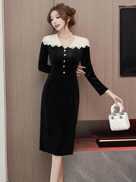 Casual Dresses Korean Chic Temperament Retro Spring Autumn Long Sleeve V Neck Lace Patchwork Bodycon Dress Wrap Hip OL Sexy Fashion Vestidos