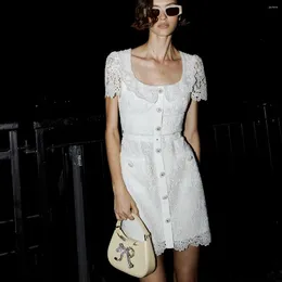 Casual Dresses Sweet White Lace Dress For Women 2024 High Quality Sexy Square Neck Ruffles Single Breasted A Line Mini Birthday