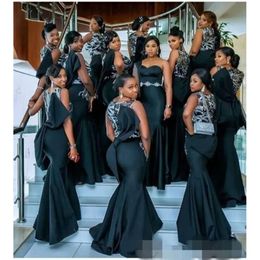 Sukienki Bow Bridesma Black African Satine Satine Satine Długość podłogi na ramię SIER SIERE Koronkowe aplikacje Maid of Honor Suknia