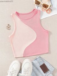 Women's Tanks Camis Womens ribbed knitted pink tank top O-neck sleeveless cute baby T-shirtL24029