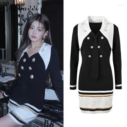 Casual Dresses 2024 Spring Summer Ladies Beaded Chain Slim Contrast Color Knitted Dress Fashion Long Sleeve Elegant Women's Mini