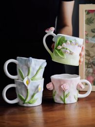 Mugs AhunderjIaz-Tulip Ceramic Mug Handmade Floral Relief Design Creative Rose Kitchen Drinkware Set Home Decoration