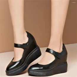 Dress Shoes Platform Pumps Women Genuine Leather Wedges High Heel Mary Jane Female Loop Round Toe Fashion Sneakers Casual