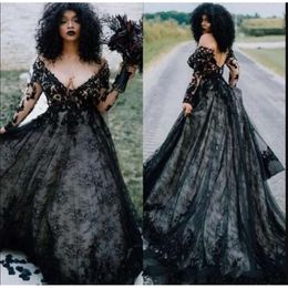Långa klänningar svarta ärmar spets 2021 gotisk applikation plus size djup v nacke off axel bröllop brud klänning vestido de novia estido