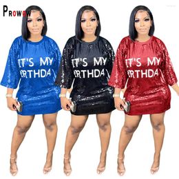Casual Dresses Prowow Letter Birthday Party Mini Women Dress Sequined Solid Color O-neck Loose Style Female Clothing Vestidos De Fiesta