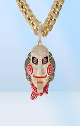 Iced Out Large Size 6ix9ine Mask Doll Pendant Necklace Mouth Can Be Moved Gold Silver Plated Micro Paved Zircon Men Jewelry5237165