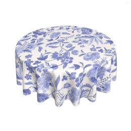 Table Cloth Blue White Floral Round Tablecloth 60 Inch Spring Farmhouse Flower Polyester Decorative Fabric Easter