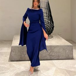 Elegant Long Crepe Royal Blue Evening Dresses Sleeves Sheath Muslim Bateau Neck Ankle Length Zipper Back Prom Dresses Party Dresses for Women