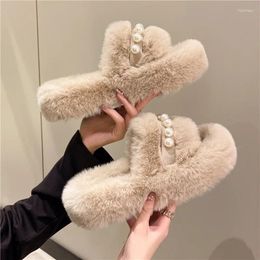 Slippers Women Thick Flats Open Toe Pearl Bedroom Home Cotton Shoes Fashion Warm Flip Flops Casual Plush 2024