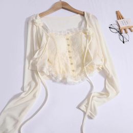 Women's Knits Lace-up Short Cardigan Lace Camisole Two-piece Set For Women 2024 Korean Breasted Halter Vest Flower Long Sleeve