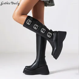 Boots Knee High Women Platform Punk Black Patent Leather Wedges Buckle Side Zip Winter Y2k Shoes
