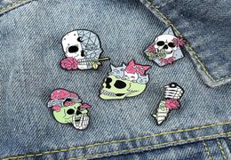 Pins Brooches Living Skeleton Enamel Pins Custom Rose Cats Skull Dagger Brooch Lapel Badge Bag Punk Gothic Jewellery Gift For Frien8687458