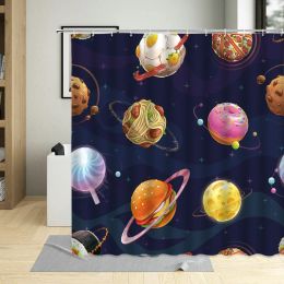 Set with Hooks Cartoons Astronaut Spaceship Rocket Pattern Creative Kids Bathroom Decor Waterproof Shower Curtain Child Bath Curtain