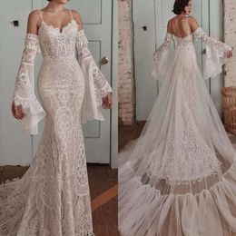 Długi tiul ślubny wspaniały rękawy sukienki syreny koronkowa suknia ślubna spaghetti paski zamiatać pociąg na zamówienie Boho Beach vestido de novia