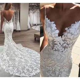 Bridal Wedding Gown Applique Lace Dresses Gorgeous Mermaid Sheath Spaghetti Straps Custom Made Tulle Sweep Train Beach Vestidos De Novia