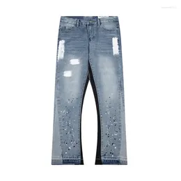 Men's Jeans 2024 High Street Splashed Ink Ripped Patchwork For Men And Women Trendy Brand American Straight Slim Micro-flared Trousers