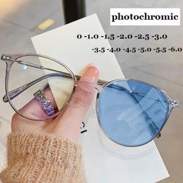 Sunglasses Fashion Round Color Changing Minus Eyeglasses Anti Blue Rays Pochromic Finished Prescription Eyewear With Diopter