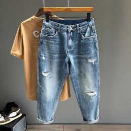 Men's Jeans Hip Hop jeans mens Frayed ultra-thin small foot street clothing blue ankle length denim Trousers casual fashion retro cut pants Q240427