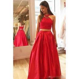 Dresses Evening Piece 2019 Two Halter Red Satin Beaded Crystal Prom Prty Gown Custom Made Sweep Train Formal Ocn Wear Plus Size