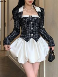 Korean Elegant Tweed 2 Piece Dress Set Black Short Blazer Coat Sweet Y2k Mini Dresses Women Autumn Fashion Suit OL Clothes 240425