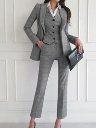 Women Elegant Formal Business Blazer 3 Pieces Suit Office Work Plaid Jacket Vest Pantsuit Korean Fashion Female Vintage Outfits 240428