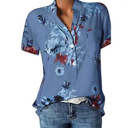 Women's Blouses Flowers Printing V-Neck Lady Tops Shirt Slim Fit Short Sleeve Open Collar Female Single Breasted Vintage Prairie Chic