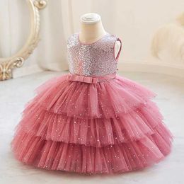 Girl's Dresses Christmas Childrens Day Girls New Sequin Sleeveless Bowtie Mesh Fluffy Dress Birthday Party Sweet and Cute Cake Dress