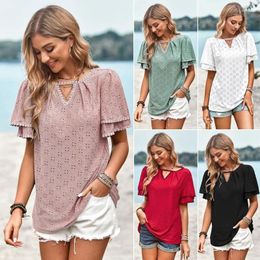Women's T Shirts Solid Colour Hollow Knit Tops V-Neck Short Sleeve 2024 Spring Summer Casual Wear