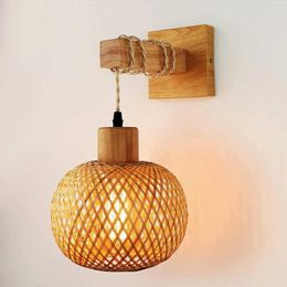 Wall Lamp Bamboo Woven Wood Japanese Bedroom Bedside Light Fixtures Vintage Restaurant Cafe Aisle Staircase Sconces