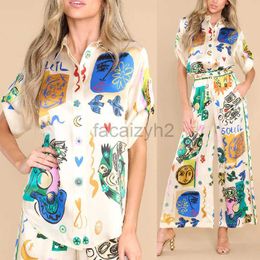 Basic Casual Dresses Designer Dress Summer Graffiti Print Satin Short Sleeve Flip Collar Shirt+Long Pants Casual Two Piece Set