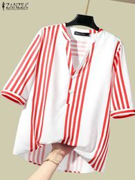 Women's Blouses Shirts ZANZEA Summer Fashion Stripe Printed Blouse Woman V Neck 3/4 Slve Tops Casual Buttons Up Blusas Female Elegant OL Work Shirt Y240426
