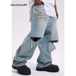 Knee Ripped Denim Jeans Big Holes Wide-leg Mopping Jeans Hip Hop Elephant Pants Streetwear Men Y2k Pants Vintage Baggy Jeans 240425