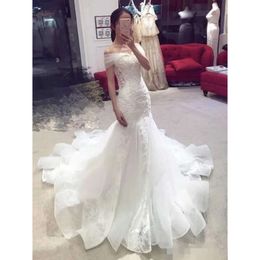 فساتين كتف حورية البحر الدانتيل الأنيق ذي أو officique organza Chapel Train Bridal For Vestido de Novia