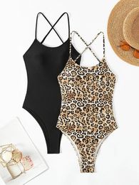Women's Swimwear 2024 Black And Leopard Bodysuit Back Cross Swimsuit Women One Piece Female Bathers Bathing Swimming Swim Suit Beachwear