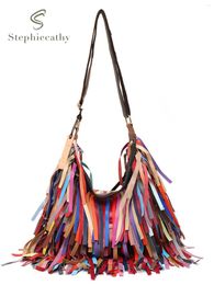 Drawstring SC Colorful Real Sheepskin Shoulder Bags For Women Large Casual Slouchy Hobo Handbags Patchwork Leather Tassel Cross Body Purses