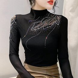 Women's T Shirts 2024 Autumn Winter Women Tops Fashion Slim Fit High Collar Bottoming Shirt Long Sleeve Diamond Black
