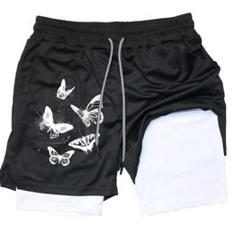 Y2K Butterfly GYM Shorts 2 In 1 Men Running Sport Sportswear Fitness Performance Short Pants Training Jogging Bottom 240423