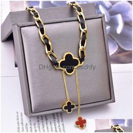 Pendant Necklaces Est Designer Womens Sweater Chain Necklace 4/Four Leaf Clover Long Double-Sided Black White Jewellery Autumn And Win Dhr6T