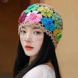 Beanie/Skull Caps Japanese Spring Summer Literary and Artistic Colourful Flower Hollow Bag Head Hat Women Sweet Fashion Hand-crocheted Beanie Cap d240429