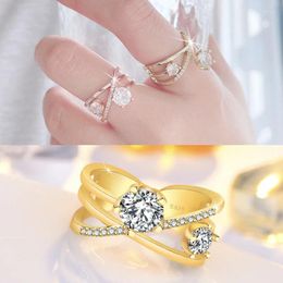 Cluster Rings Cross Twist Micro Set Zircon Double Layer Design Unique Ring Fashion Opening Adjustable Women's