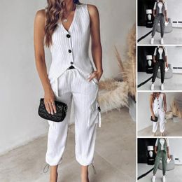 Women's Two Piece Pants Ankle Length Elegant Vest Set With V Neck Waistcoat High Waist Drawstring Trousers Formal Office For Commute